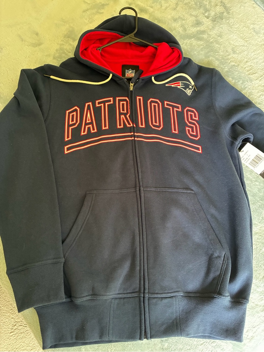 NFL Navy Patriots Full-Zip Hoodie with Red Hood Lining Men’s L
